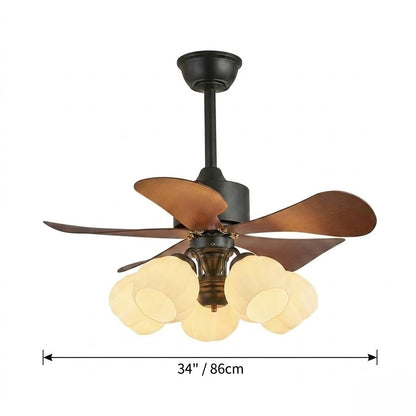 Wood Effect Fan with Flower Glass Shades