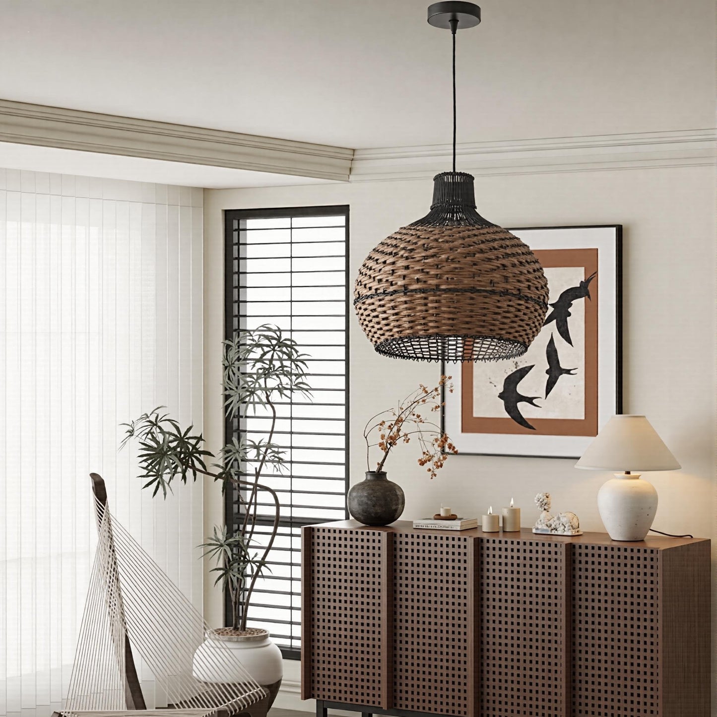 Two-Tone Black and Natural Rattan Bell