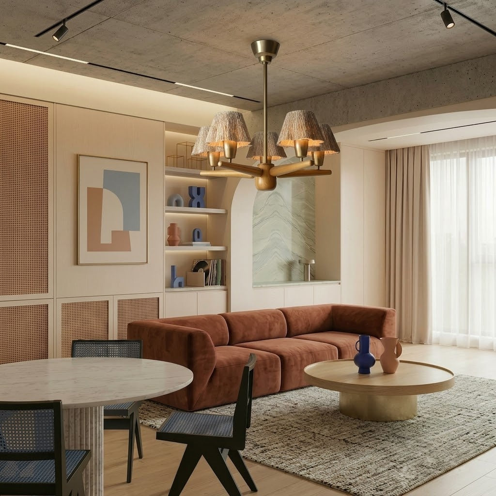 Solid Wood and Brass 5-Light Chandelier