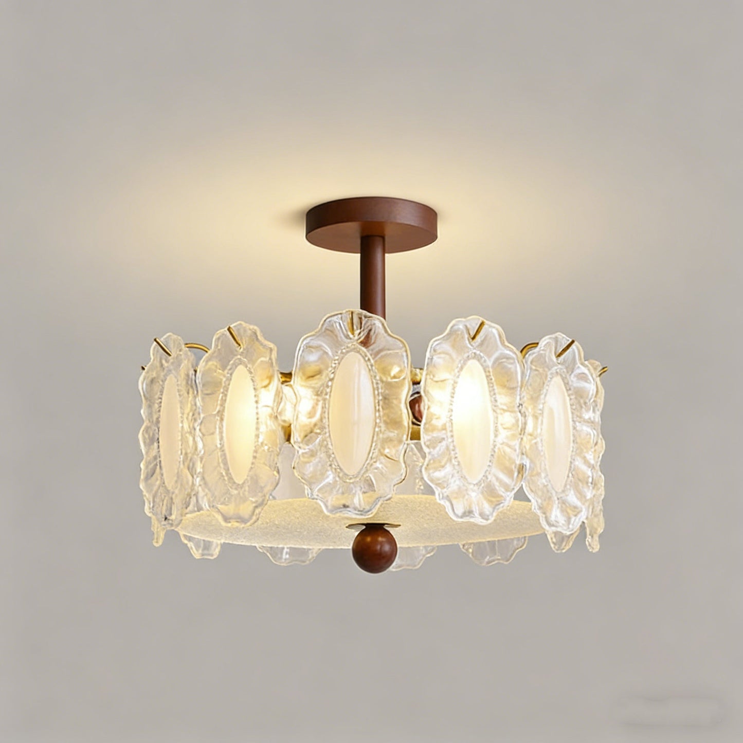 French Glass and Wood Ceiling Lamp