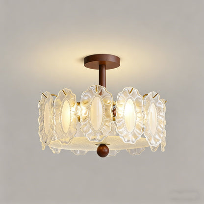 French Glass and Wood Ceiling Lamp