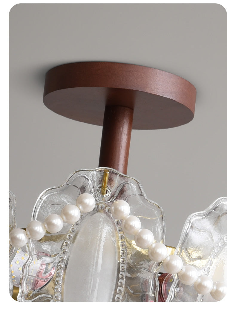 French Glass and Wood Ceiling Lamp