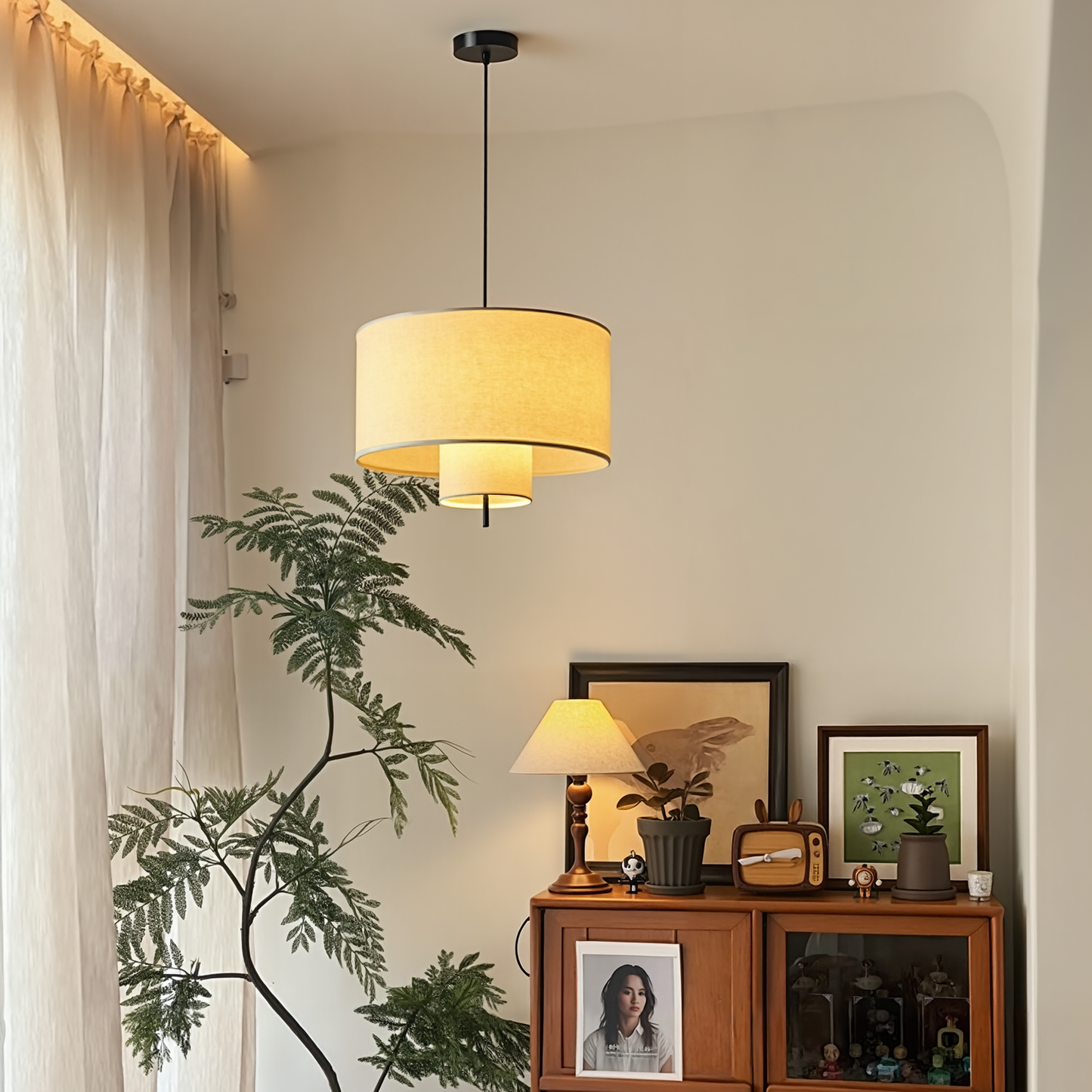Nested Linen Drum Pendant Light