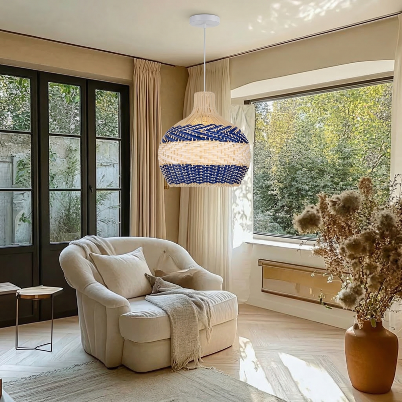 Blue and White Striped Rattan Pendant