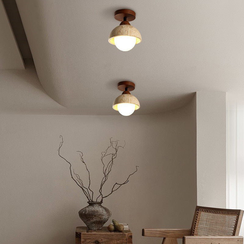 Travertine and Wood Entryway Ceiling Light