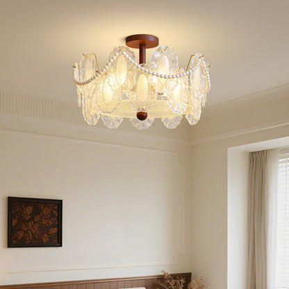 French Glass and Wood Ceiling Lamp