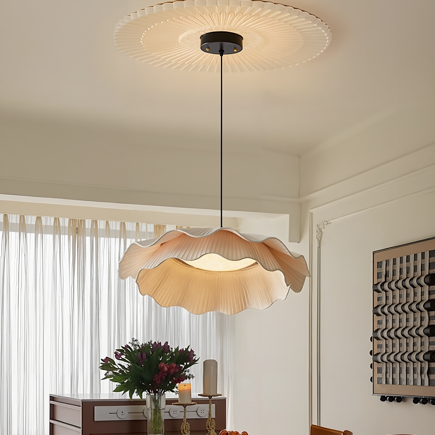 Two-Tier Pleated Lotus Pendant Light