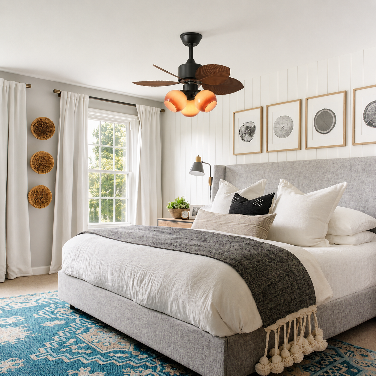 Palm Leaf Ceiling Fan with Amber Glass