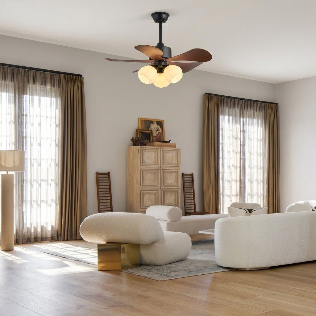 Wood Effect Fan with Flower Glass Shades
