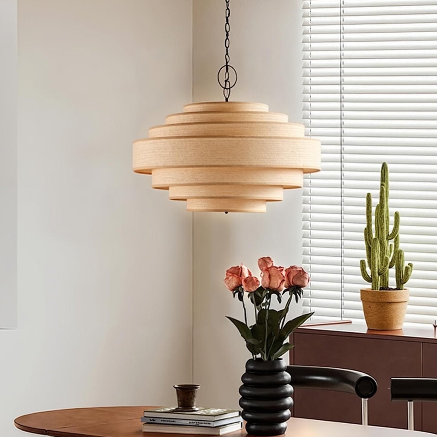 Tiered Wood Veneer Pagoda Chandelier