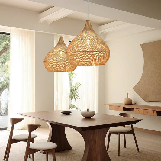 Rattan Teardrop Pendant with Wood Top