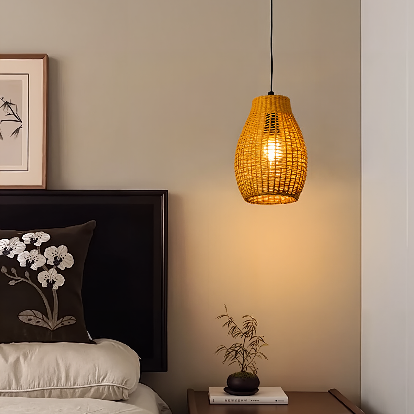 Hand-Woven Rattan Teardrop Pendant