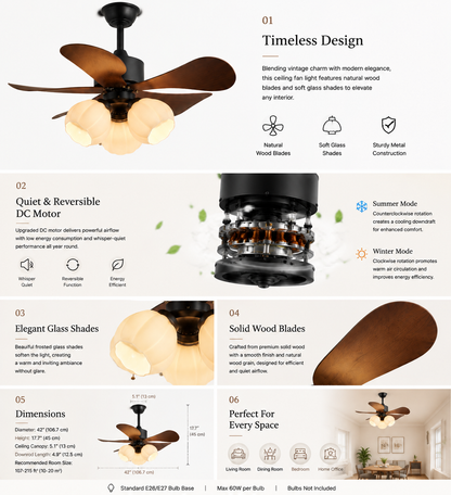 Wood Effect Fan with Flower Glass Shades