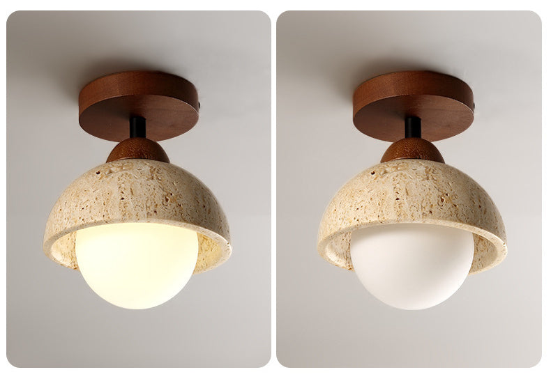 Travertine and Wood Entryway Ceiling Light