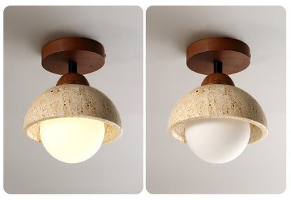 Travertine and Wood Entryway Ceiling Light