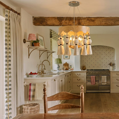 Wood-Effect Tassel Chandelier, 6 Light