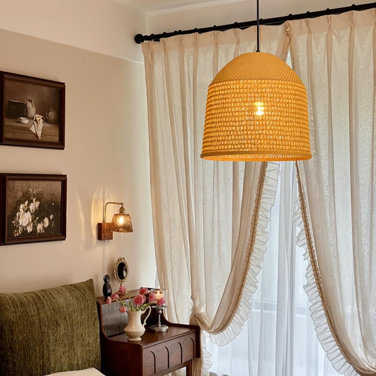 Open-Weave Straw Dome Pendant Light