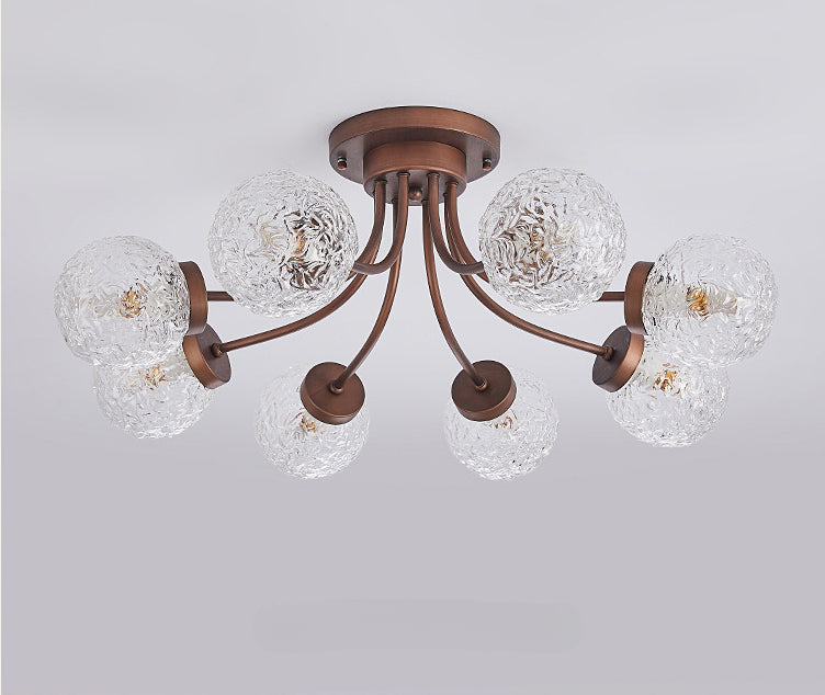 French Vintage Wood and Glass Ceiling Light
