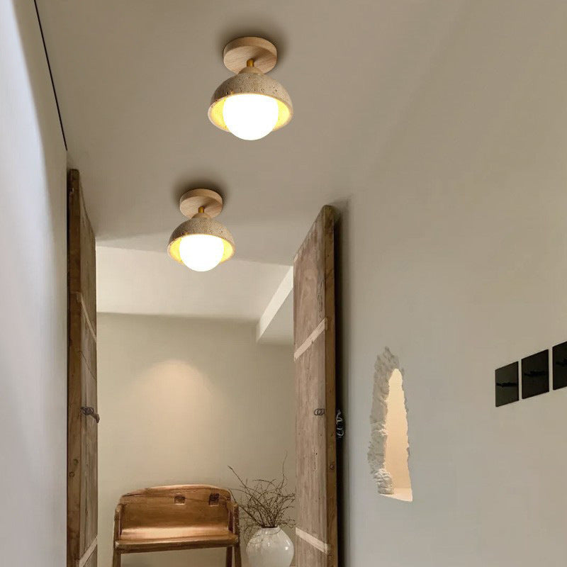 Travertine and Wood Entryway Ceiling Light