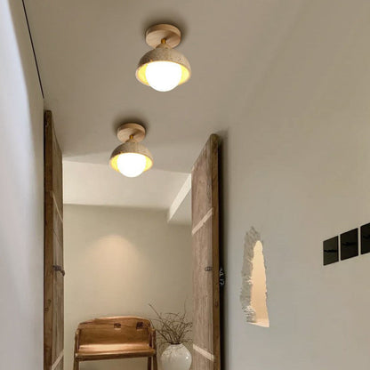 Travertine and Wood Entryway Ceiling Light