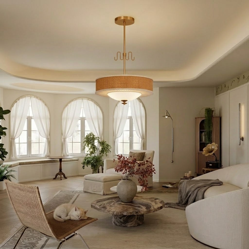 Rattan and Brass Pendant Light