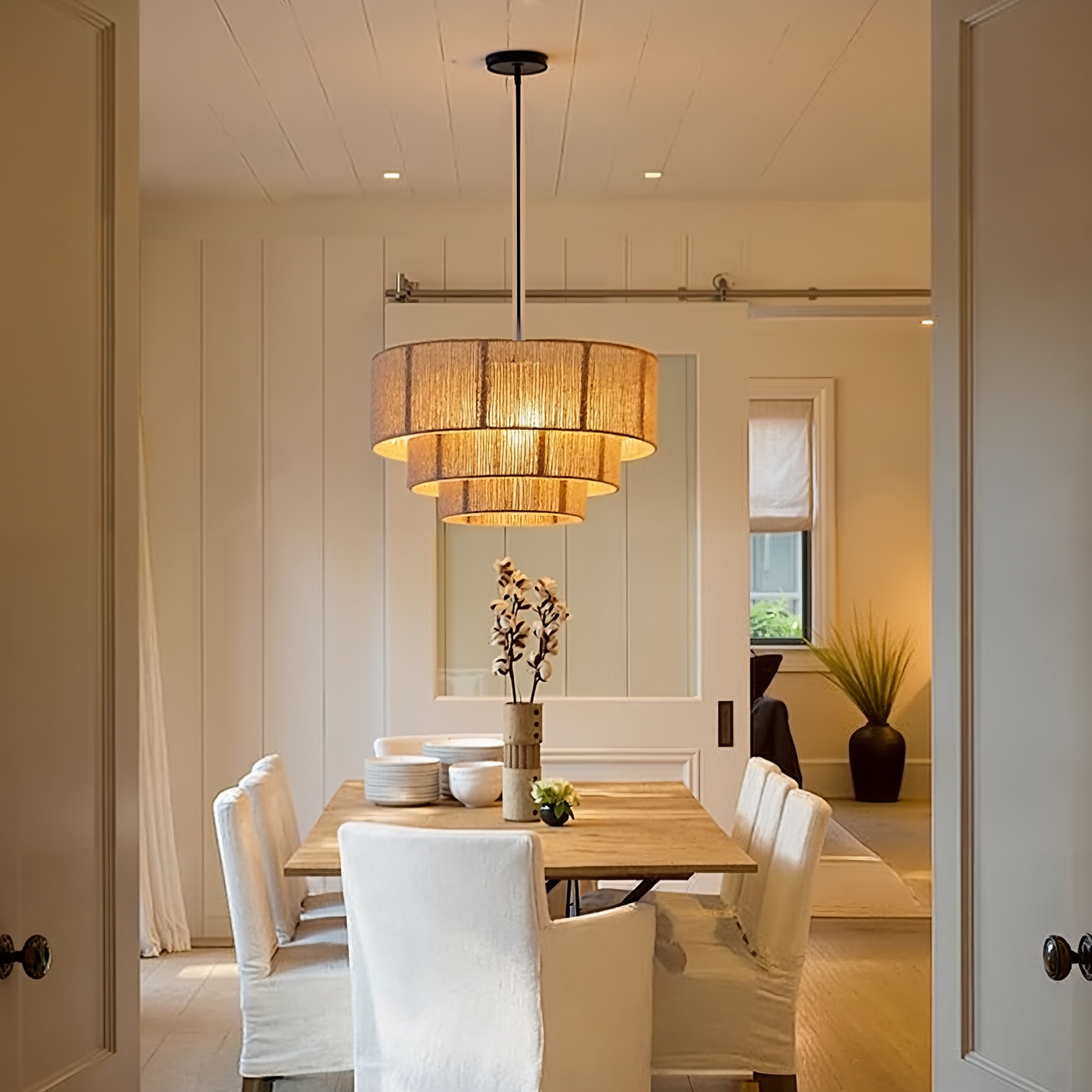 Three-Tier Jute Rope Drum Chandelier