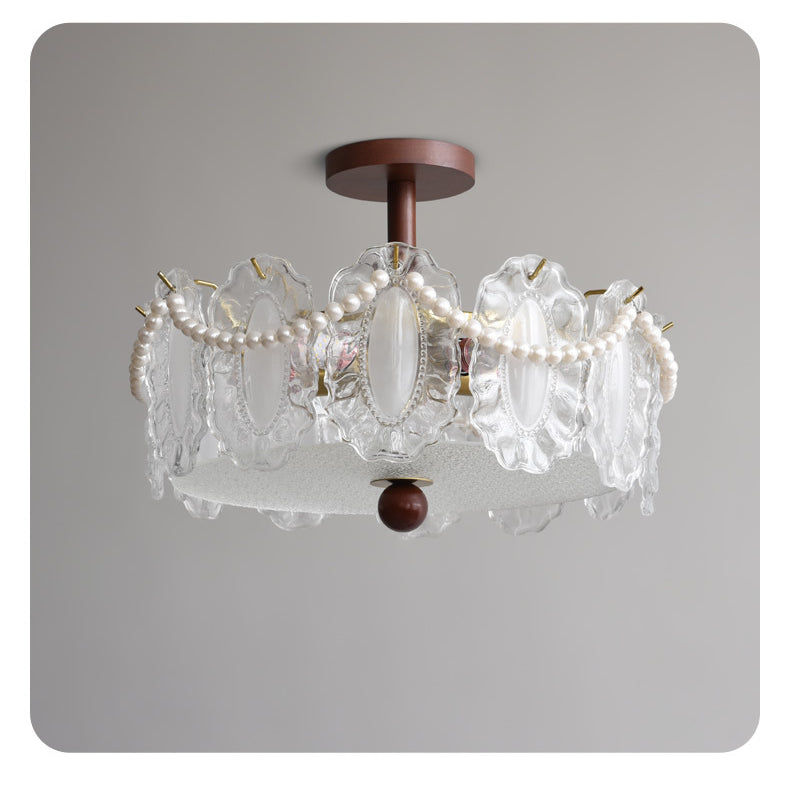 French Glass and Wood Ceiling Lamp
