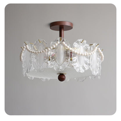 French Glass and Wood Ceiling Lamp