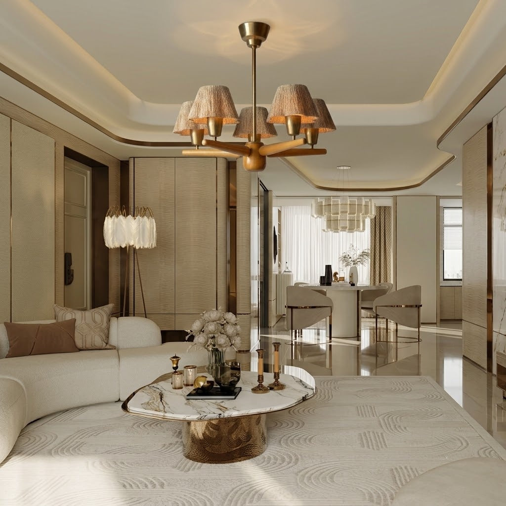 Solid Wood and Brass 5-Light Chandelier
