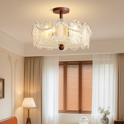 French Glass and Wood Ceiling Lamp