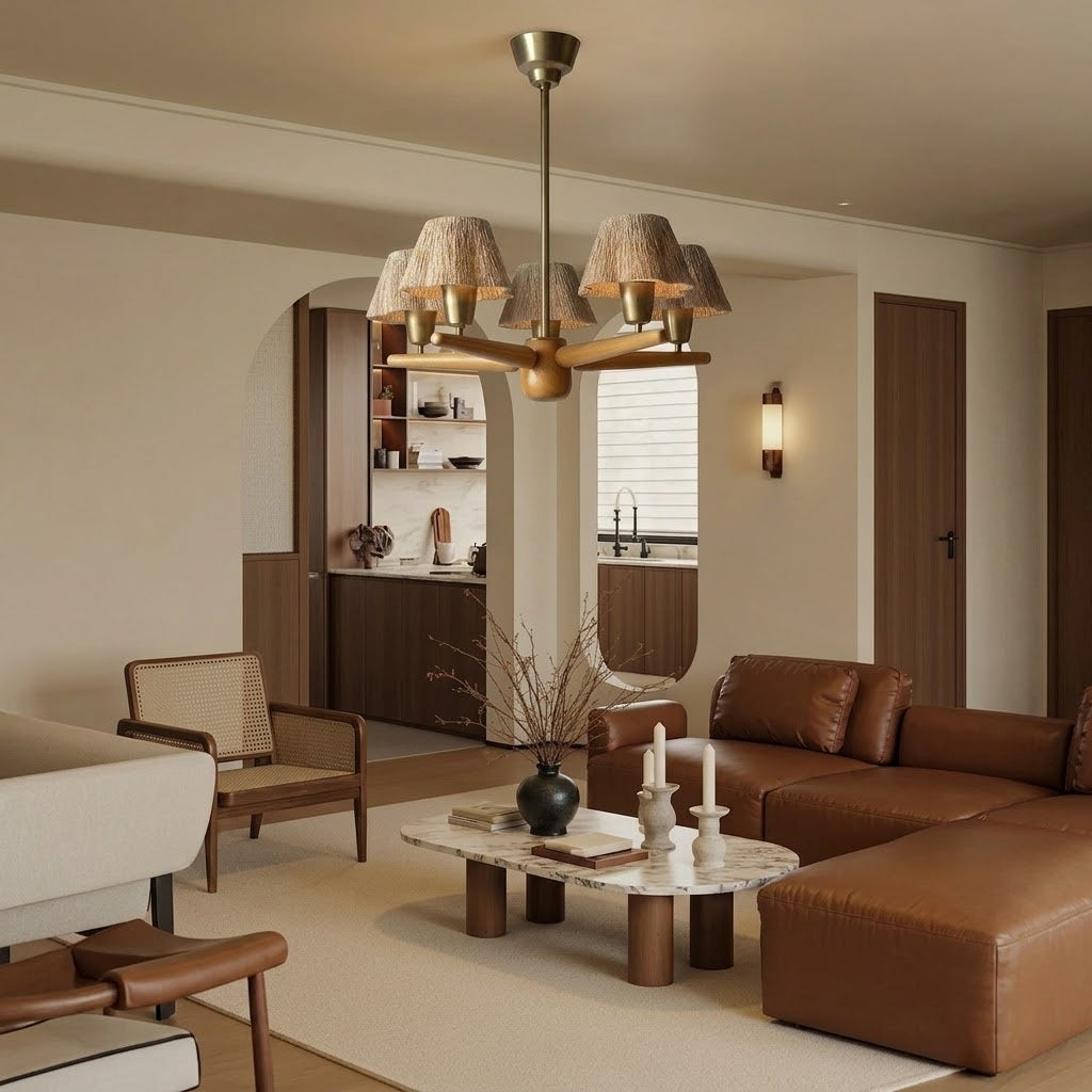 Solid Wood and Brass 5-Light Chandelier
