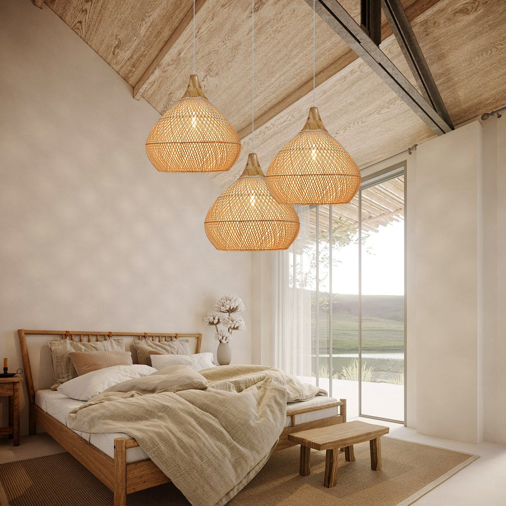 Rattan Teardrop Pendant with Wood Top