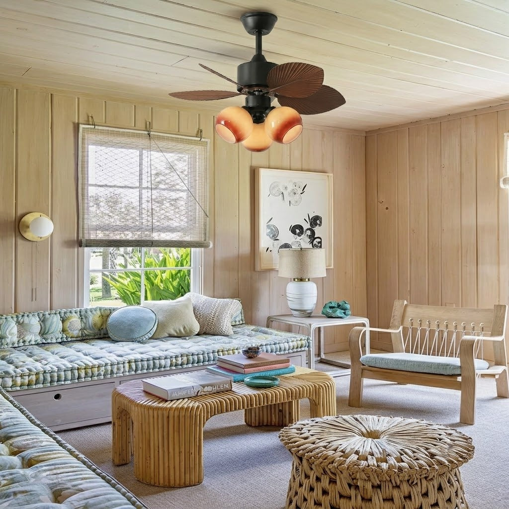 Palm Leaf Ceiling Fan with Amber Glass