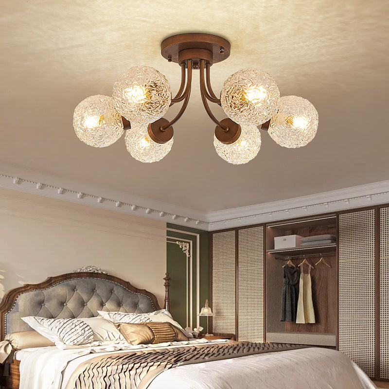 French Vintage Wood and Glass Ceiling Light