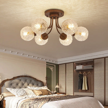 French Vintage Wood and Glass Ceiling Light