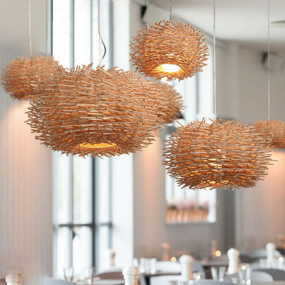 Shallow Rattan Woven Lamp Chandelier