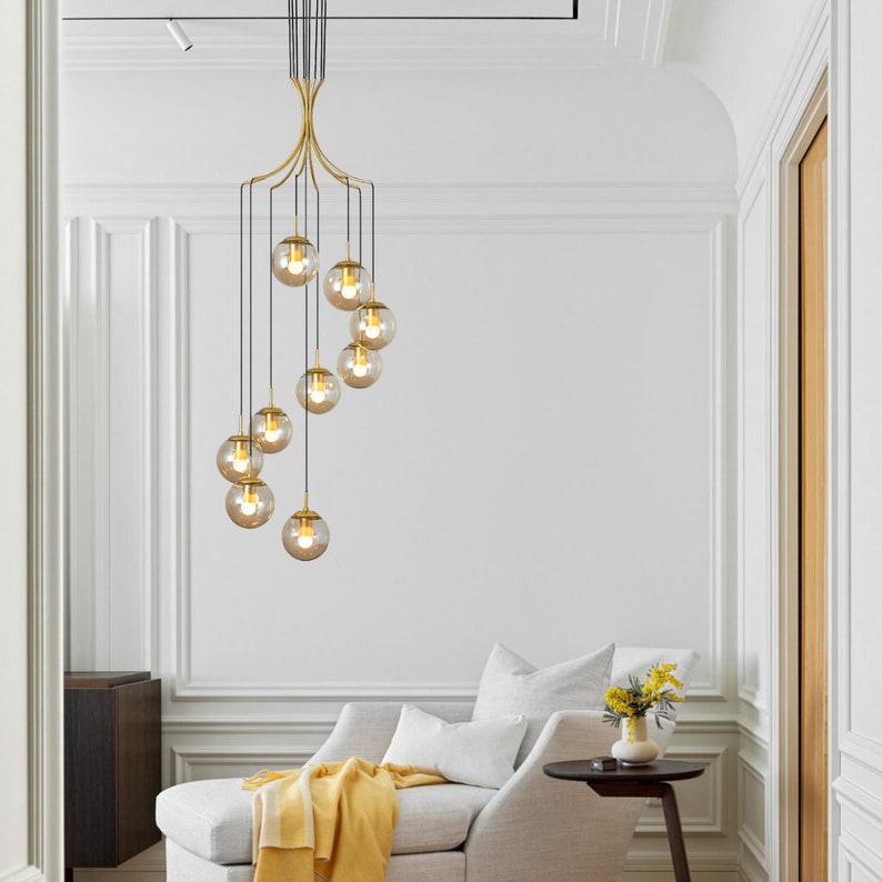 Spiral Amber Glass Globe Staircase Chandelier