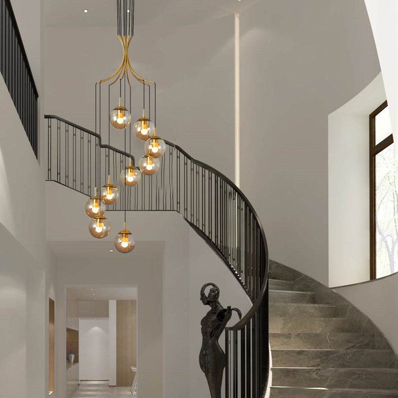 Spiral Amber Glass Globe Staircase Chandelier
