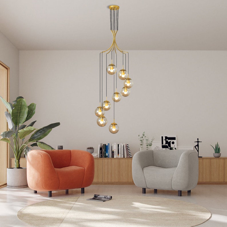 Spiral Amber Glass Globe Staircase Chandelier