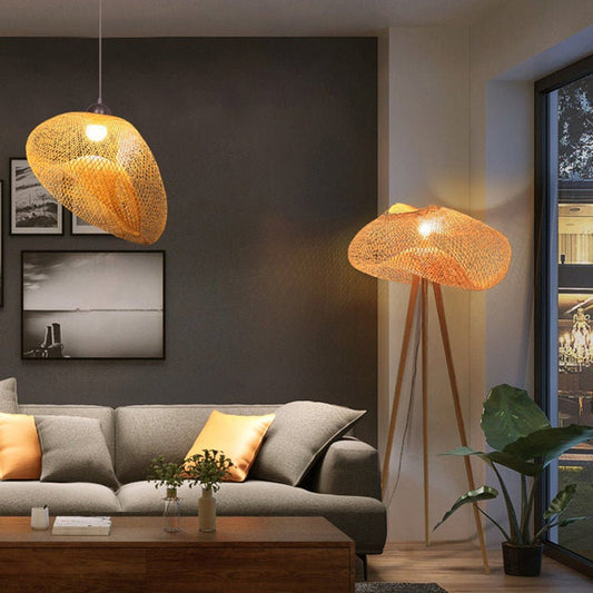 Bamboo Hand Knitted Lampshade Floor Light-[Modern pendant lighting for bedroom and living space]-Demolights UK