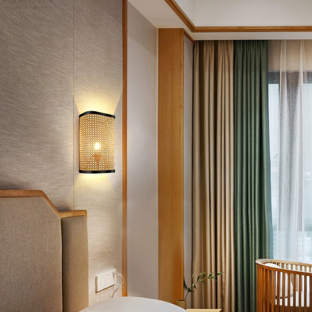 Minimalist Rectangular Wall Sconce Bamboo Single Bedroom Flush Mount Wall Light-[Modern pendant lighting for bedroom and living space]-Demolights UK