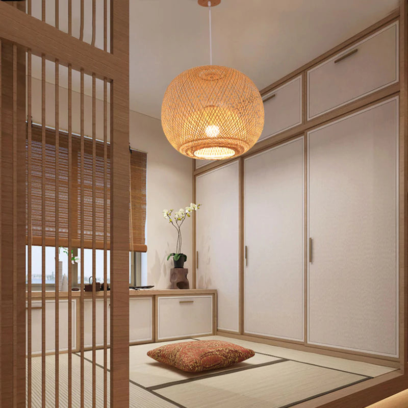 Sphere Bamboo Suspension Pendant Light-[Modern pendant lighting for bedroom and living space]-Demolights UK