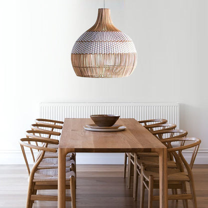 Two-Tone White Band Rattan Bell Pendant