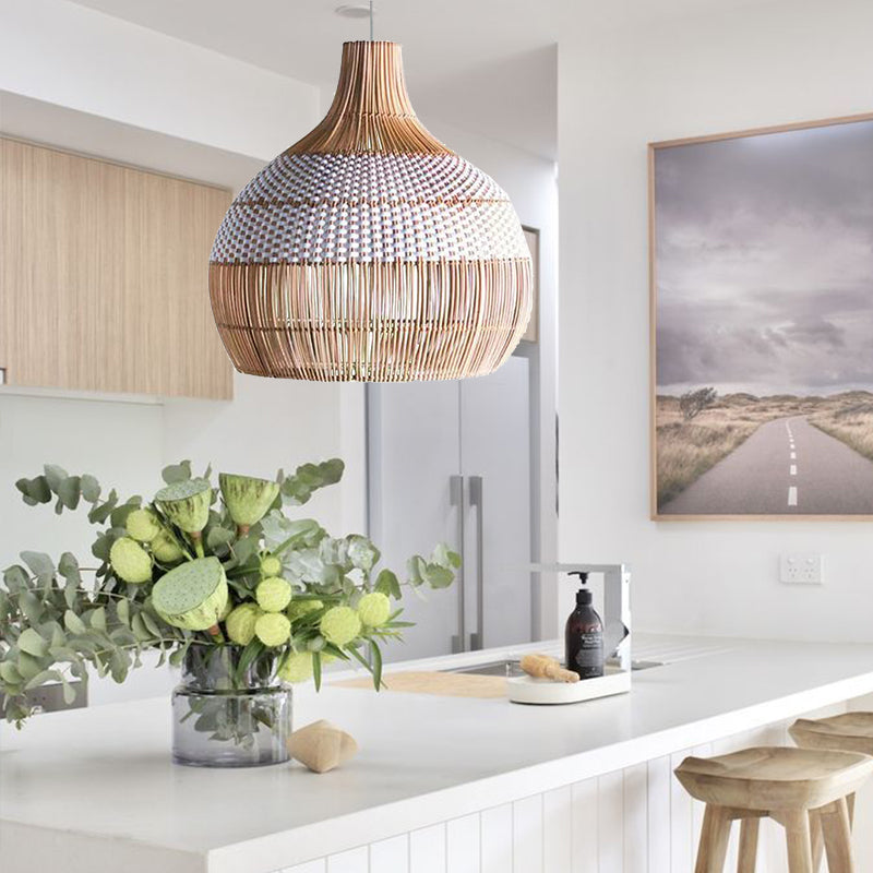 Two-Tone White Band Rattan Bell Pendant