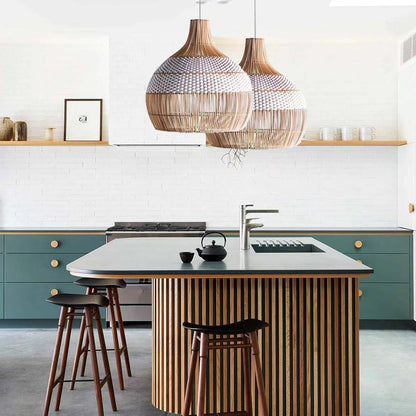 Two-Tone White Band Rattan Bell Pendant