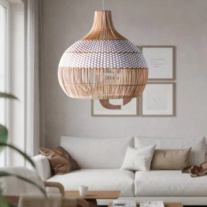 Two-Tone White Band Rattan Bell Pendant