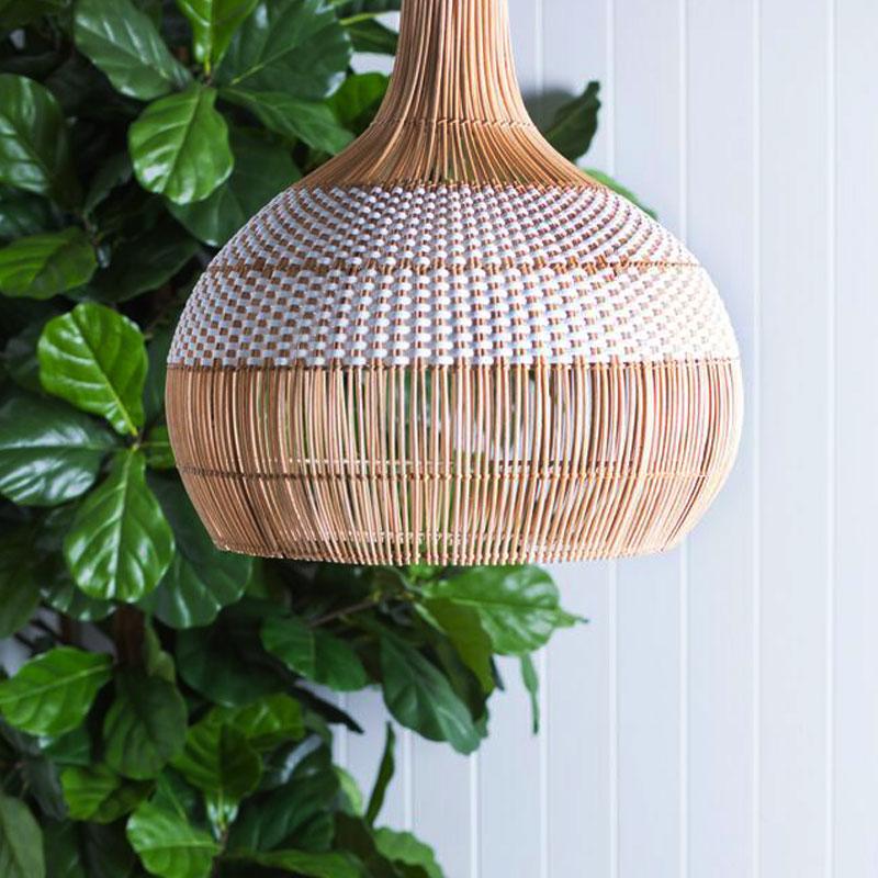 Two-Tone White Band Rattan Bell Pendant
