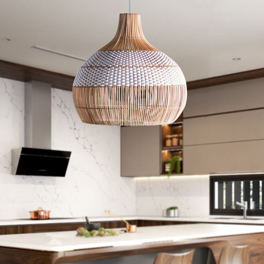 Two-Tone White Band Rattan Bell Pendant
