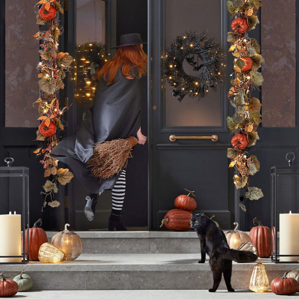 Pre-Lit Black Glitter Bat Halloween Wreath