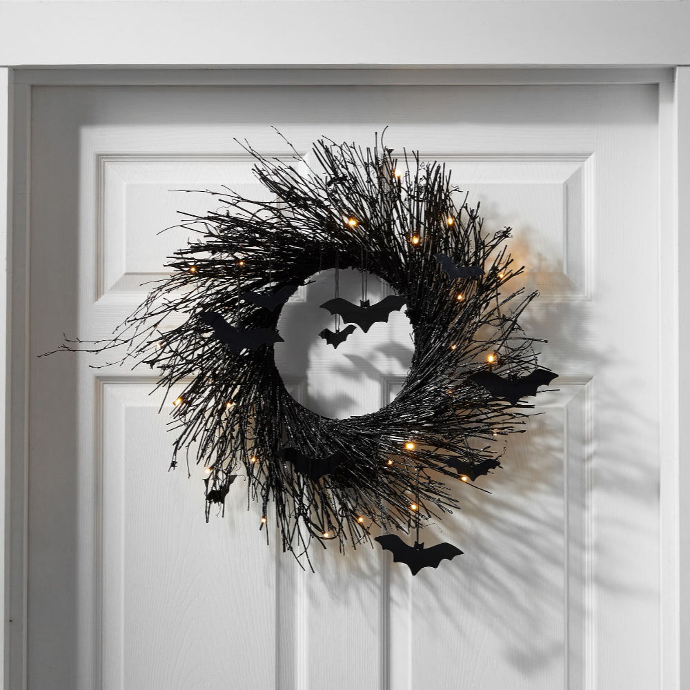 Pre-Lit Black Glitter Bat Halloween Wreath
